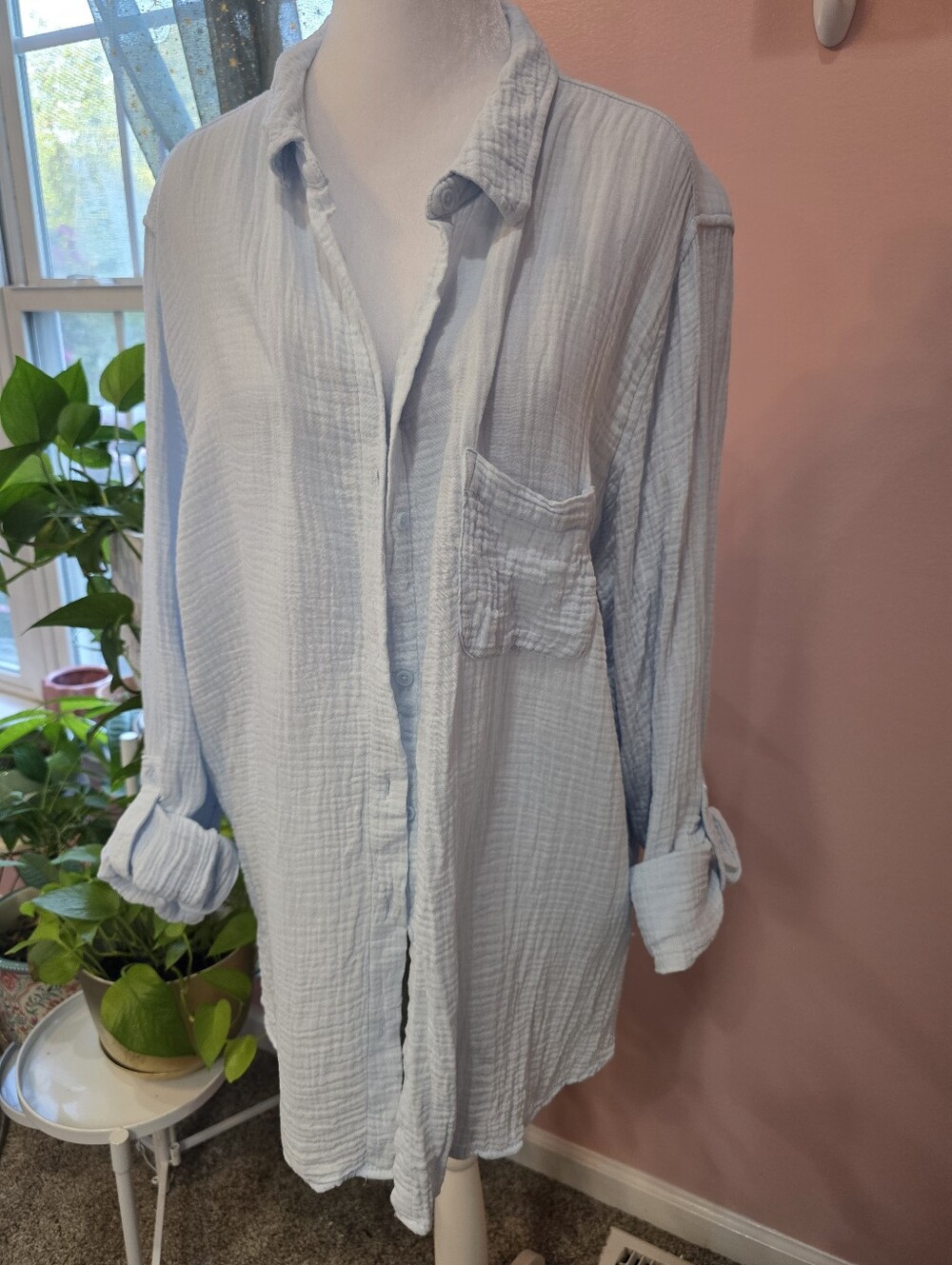 Nine West Jeans XL Light Blue Gauze Button Down Shirt Oversized Relaxed